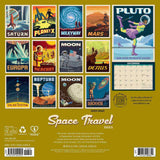 Back of Space Travel 2025 Wall Calendar with classic illustrated retro space age posters! 2025 space calendar gift.