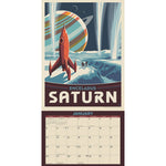 Space Travel 2025 Wall Calendar with classic illustrated retro space age posters! 2025 space calendar gift. Rocket, Saturn.