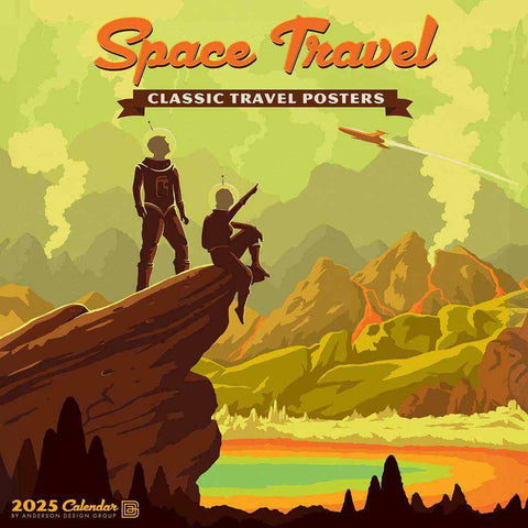 Front of Space Travel 2025 Wall Calendar with classic illustrated retro space age posters! 2025 space calendar gift.