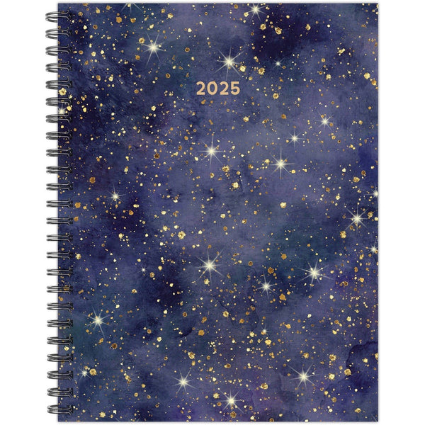 Front of 2025 Starry Night Sky weekly planner calendar notebook - blue with gold stars