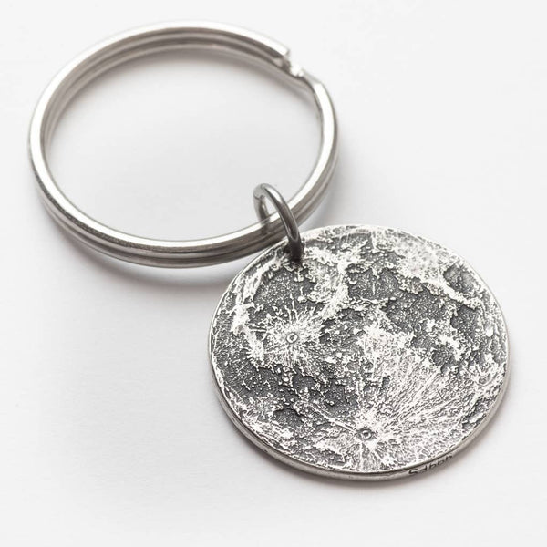 Fine silver double-sided full moon coin keychain - the perfect moon gift! Showing near side of the Moon.