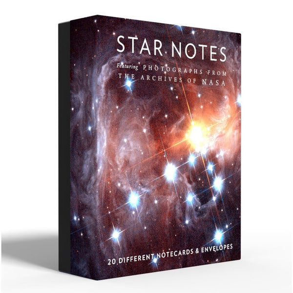 Front of box of Star Notes note card set featuring 20 different space and galaxy photos from the archives of NASA!