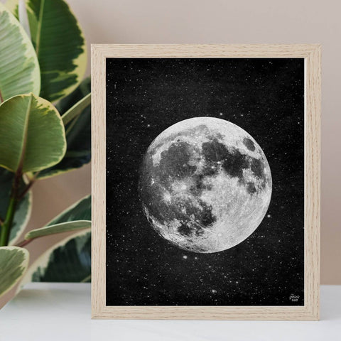 8x10" moon in space art print, shown in frame