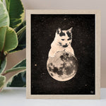 8x10" cat and moon in space art print, shown in frame