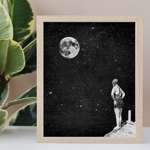 8x10" moon in space young woman swimmer diving art print